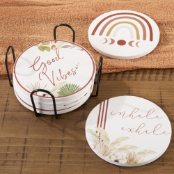 Boho Ceramic Coaster with Holder (Set of 6)