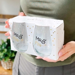 15 oz. Stemless Wine Glass In Gift Box - Mr. & Mrs. Heart (Set of 2)